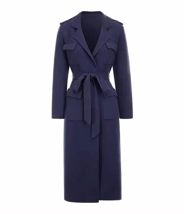 Knitwear manufacturers custom windbreaker style elegant autumn winter blue long sleeve rib slim long women knit sweater coat