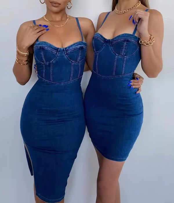 Denim Bodycon Dress Sexy Removable Straps Pads Underwire Jeans Midi Slip Dress Women Casual Streetwear Chic Party Robe