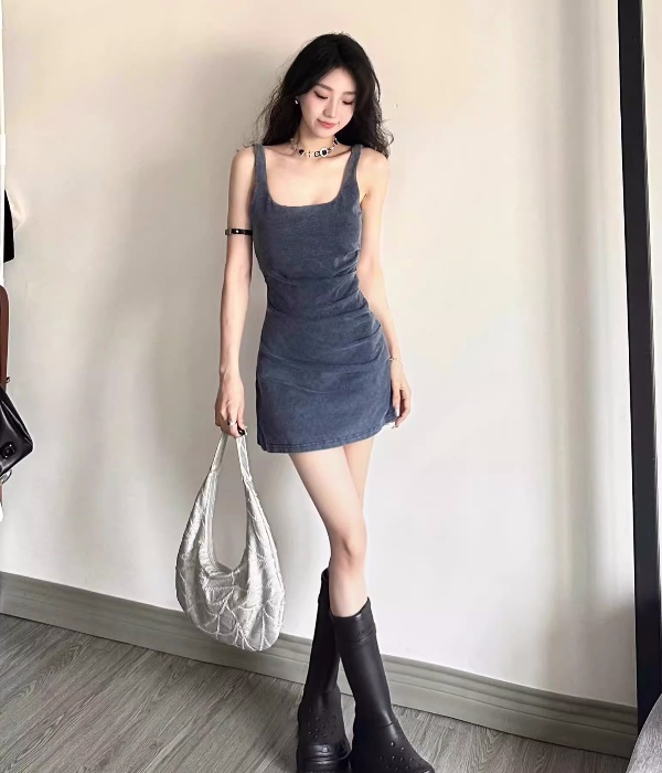 American Spicy Girl Sexy Strap Dress Women's Summer Slim Fit Underwear with Waist Tight and Slim denim Wrap Hip Short Skirt